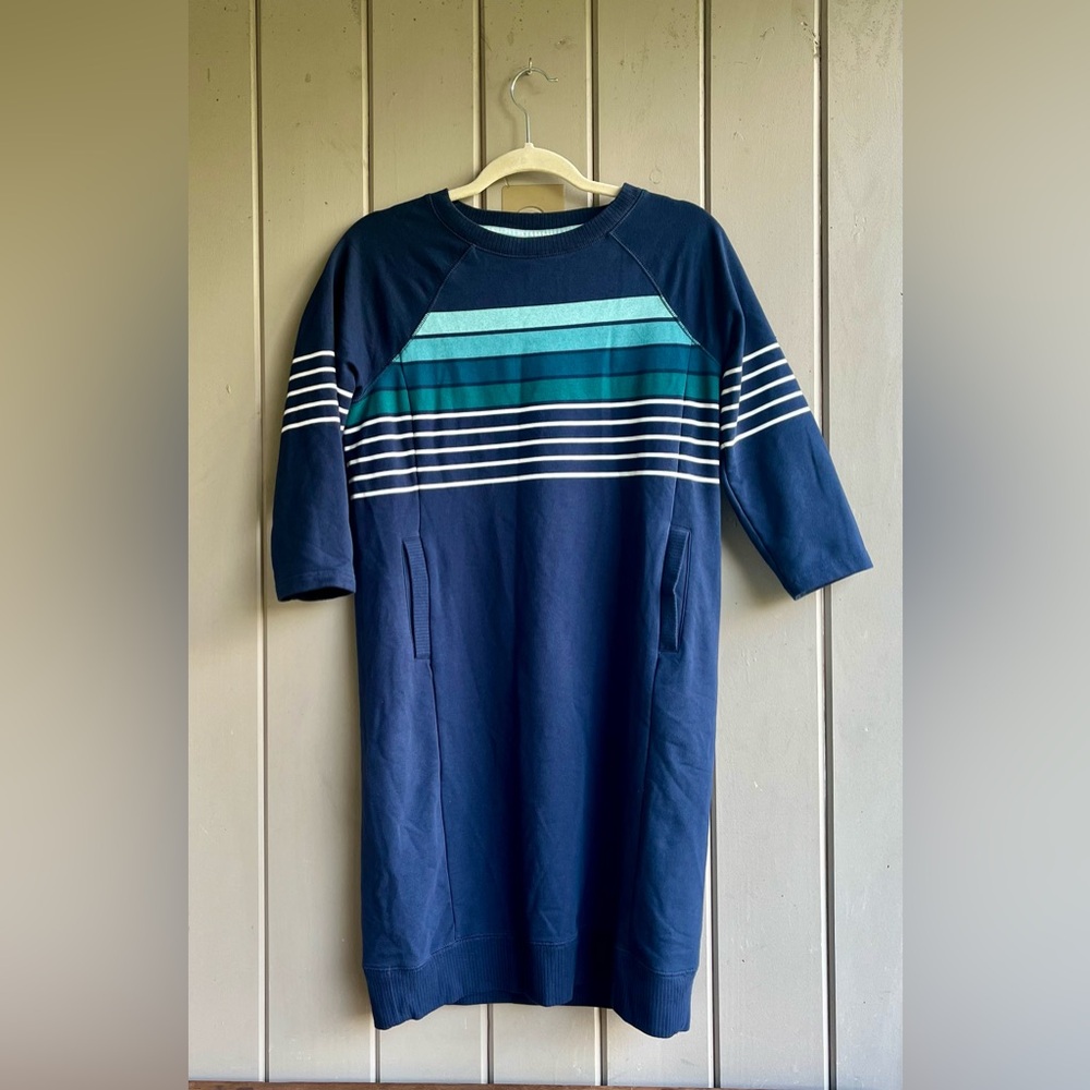 LL Bean Women's XS Sweatshirt Dress Navy Blue Striped Dress Cozy Prep